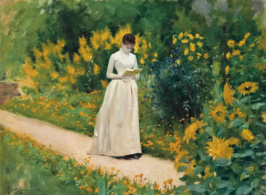Reading on the garden path (1883)